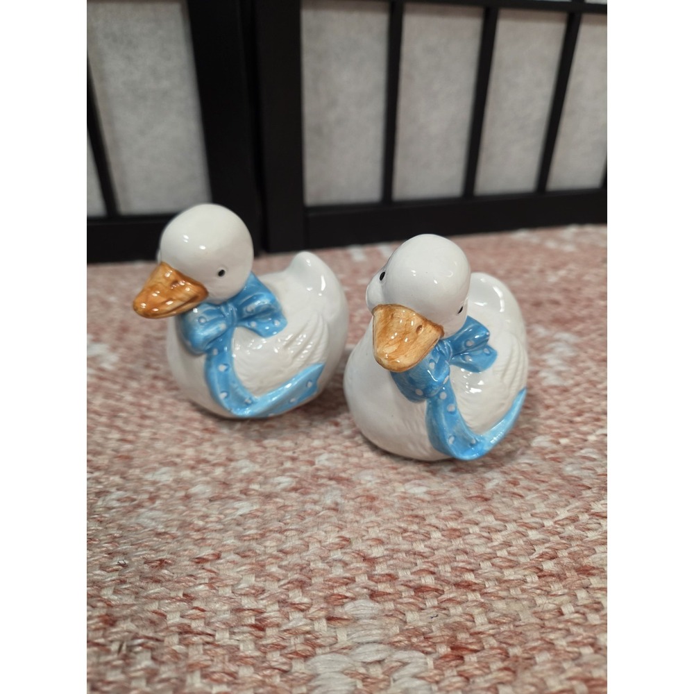 VINTAGE ceramic Blue Ribbon Goose salt and pepper shakers 1980s Cottage core